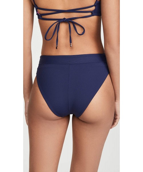 Bottoms Women's Suzy Q Reversible High Waist Bikini Bottom Swimsuit - Ink Blue Rib/Pink Stripe - C018Y2MUICK