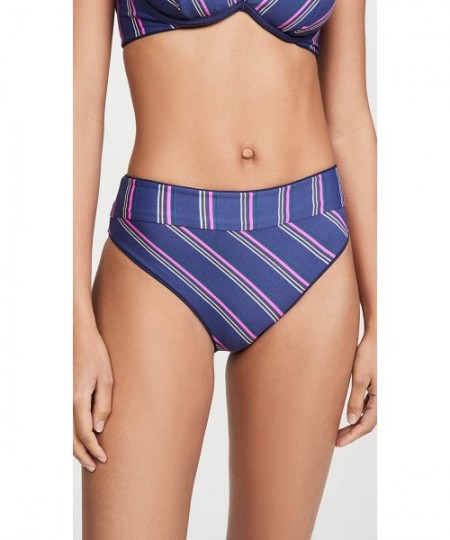 Bottoms Women's Suzy Q Reversible High Waist Bikini Bottom Swimsuit - Ink Blue Rib/Pink Stripe - C018Y2MUICK