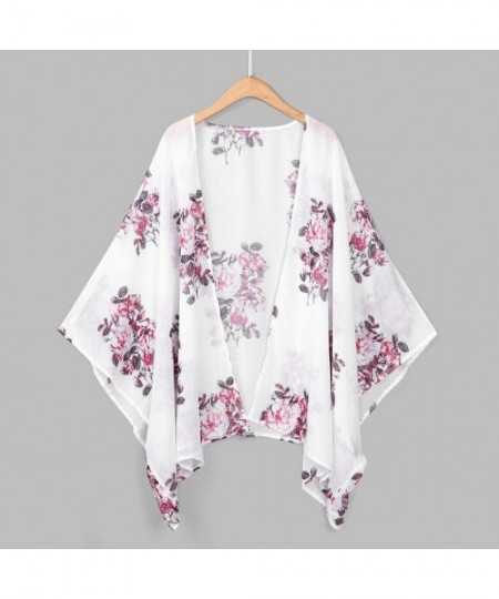 Cover-Ups Fashion Womens Top Chiffon Shawl Print Kimono Cardigan Cover Up Blouse Beachwear - White - CP18GI8K03N