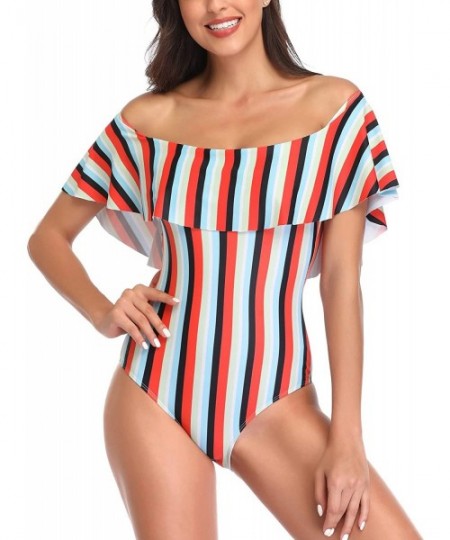 One-Pieces Women's Colorful Stripe One Piece Swimsuits One Shoulder Swimwear Asymmetric Ruffle Monokinis Bathing Suits Red & ...