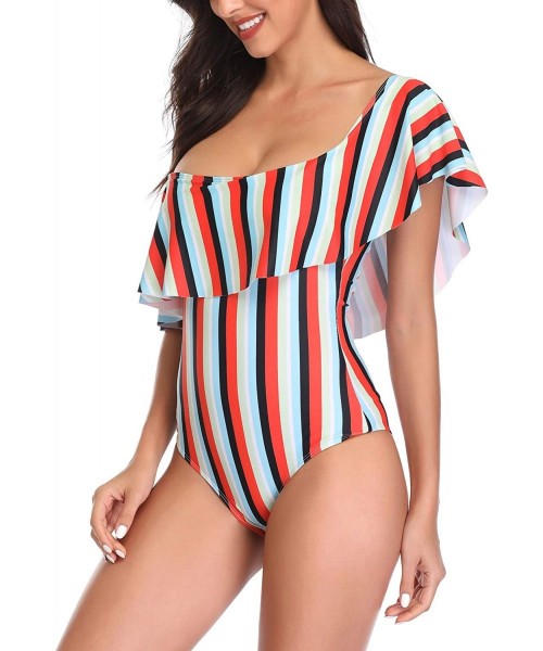 One-Pieces Women's Colorful Stripe One Piece Swimsuits One Shoulder Swimwear Asymmetric Ruffle Monokinis Bathing Suits Red & ...