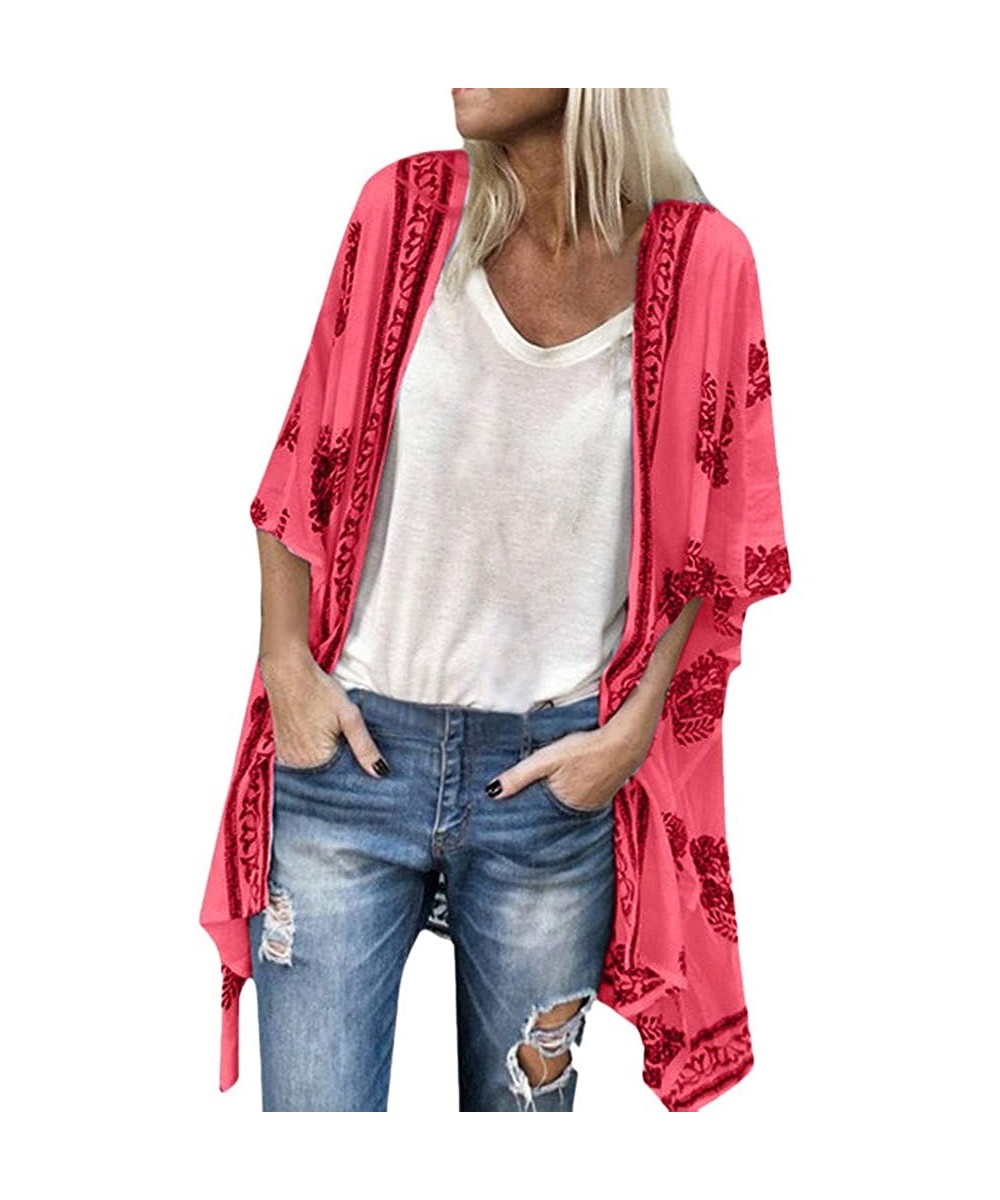 Cover-Ups Women Fashion Boho Printed Sunscreen Half Sleeve Loose Sheer Chiffon Cardigan- Women's Bohemian Print Lightweight S...