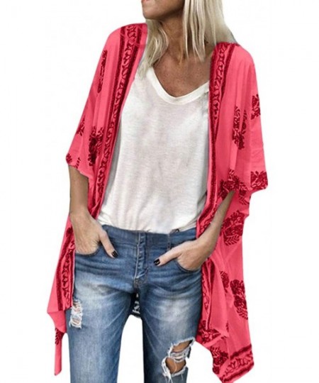 Cover-Ups Women Fashion Boho Printed Sunscreen Half Sleeve Loose Sheer Chiffon Cardigan- Women's Bohemian Print Lightweight S...