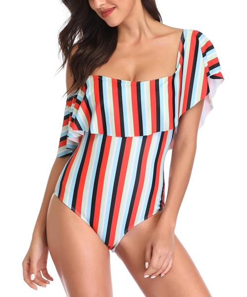 One-Pieces Women's Colorful Stripe One Piece Swimsuits One Shoulder Swimwear Asymmetric Ruffle Monokinis Bathing Suits Red & ...