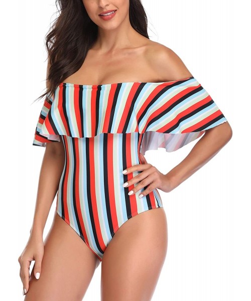 One-Pieces Women's Colorful Stripe One Piece Swimsuits One Shoulder Swimwear Asymmetric Ruffle Monokinis Bathing Suits Red & ...