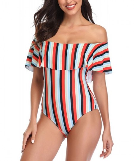 One-Pieces Women's Colorful Stripe One Piece Swimsuits One Shoulder Swimwear Asymmetric Ruffle Monokinis Bathing Suits Red & ...