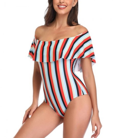 One-Pieces Women's Colorful Stripe One Piece Swimsuits One Shoulder Swimwear Asymmetric Ruffle Monokinis Bathing Suits Red & ...