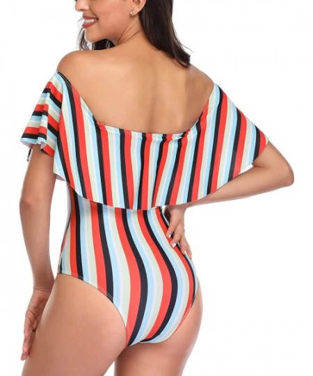 One-Pieces Women's Colorful Stripe One Piece Swimsuits One Shoulder Swimwear Asymmetric Ruffle Monokinis Bathing Suits Red & ...