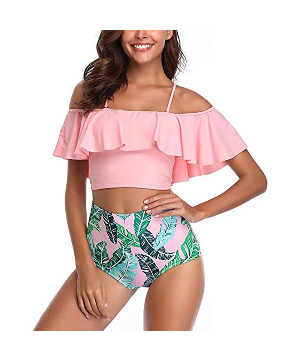 Tankinis Women Two Piece Swimsuits Tankinis Swimwear Off Shoulder Ruffled Crop Bikini Top with High Waist Boho Print Bottoms ...