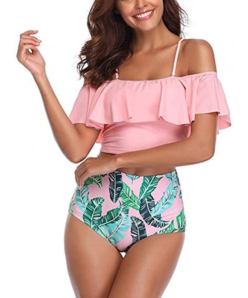 Tankinis Women Two Piece Swimsuits Tankinis Swimwear Off Shoulder Ruffled Crop Bikini Top with High Waist Boho Print Bottoms ...