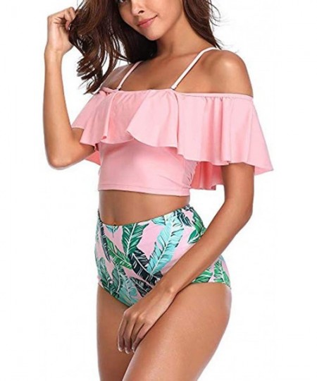 Tankinis Women Two Piece Swimsuits Tankinis Swimwear Off Shoulder Ruffled Crop Bikini Top with High Waist Boho Print Bottoms ...