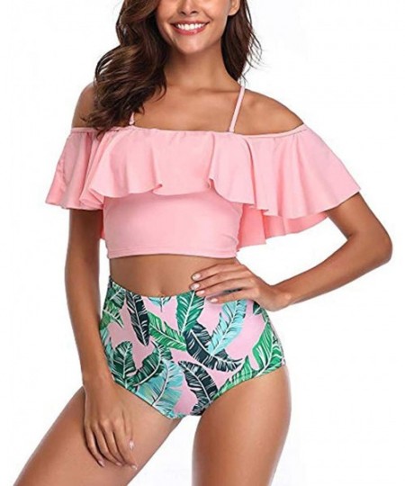 Tankinis Women Two Piece Swimsuits Tankinis Swimwear Off Shoulder Ruffled Crop Bikini Top with High Waist Boho Print Bottoms ...