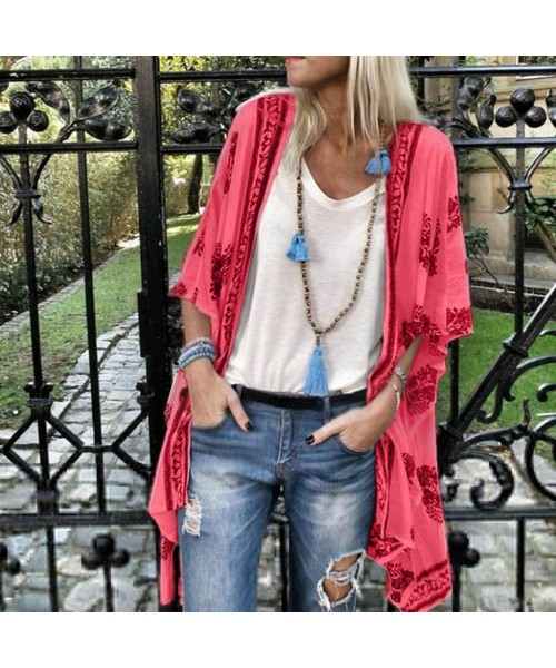 Cover-Ups Women Fashion Boho Printed Sunscreen Half Sleeve Loose Sheer Chiffon Cardigan- Women's Bohemian Print Lightweight S...