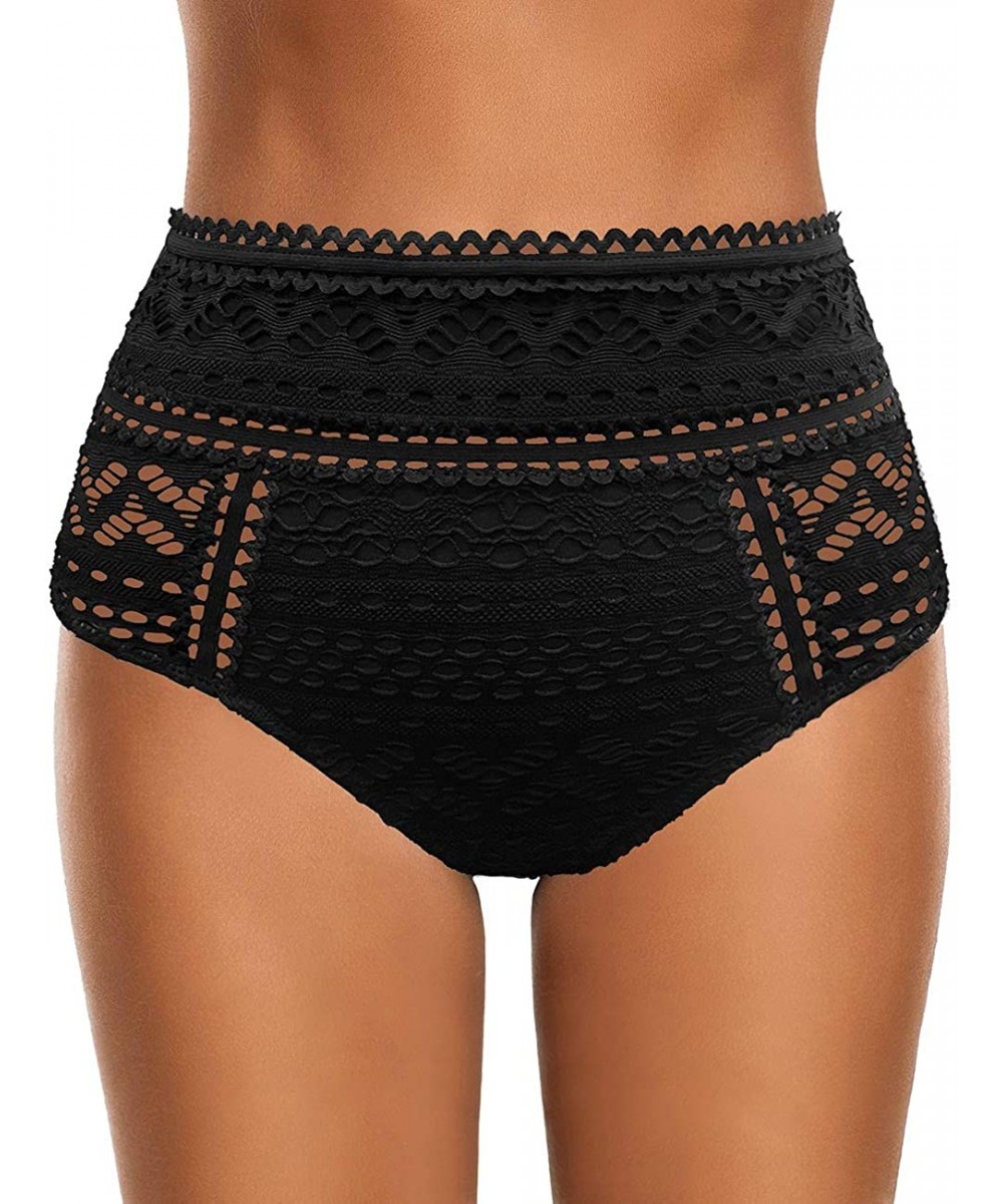 Bottoms Women's Crochet Lace Mid Waist Full Coverage Bikini Briefs Bottoms Swim Shorts - High Waist-black - CV192RI3S5Q