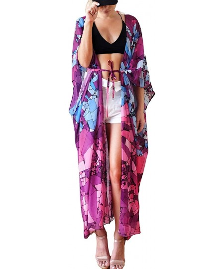 Cover-Ups Women's Flowy Open Front Swimsuit Cover Ups Print Beach Kimono - A-rose - CA18ZUQ882G