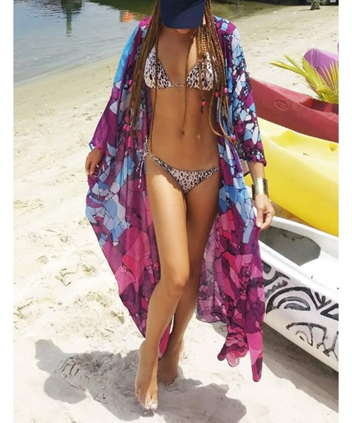 Cover-Ups Women's Flowy Open Front Swimsuit Cover Ups Print Beach Kimono - A-rose - CA18ZUQ882G