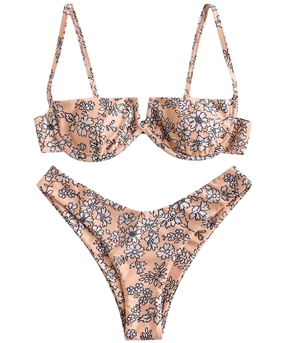 Sets Women's Two Piece Bikini Set Floral Print High Cut Cute Sexy Triangle Swimsuit Swimwear Bathingsuit Beachwear Orange - C...