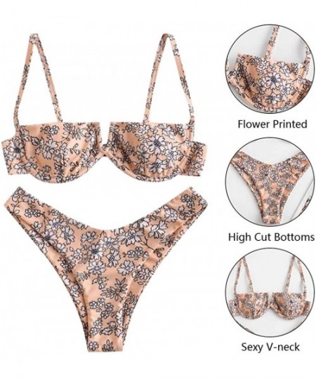 Sets Women's Two Piece Bikini Set Floral Print High Cut Cute Sexy Triangle Swimsuit Swimwear Bathingsuit Beachwear Orange - C...