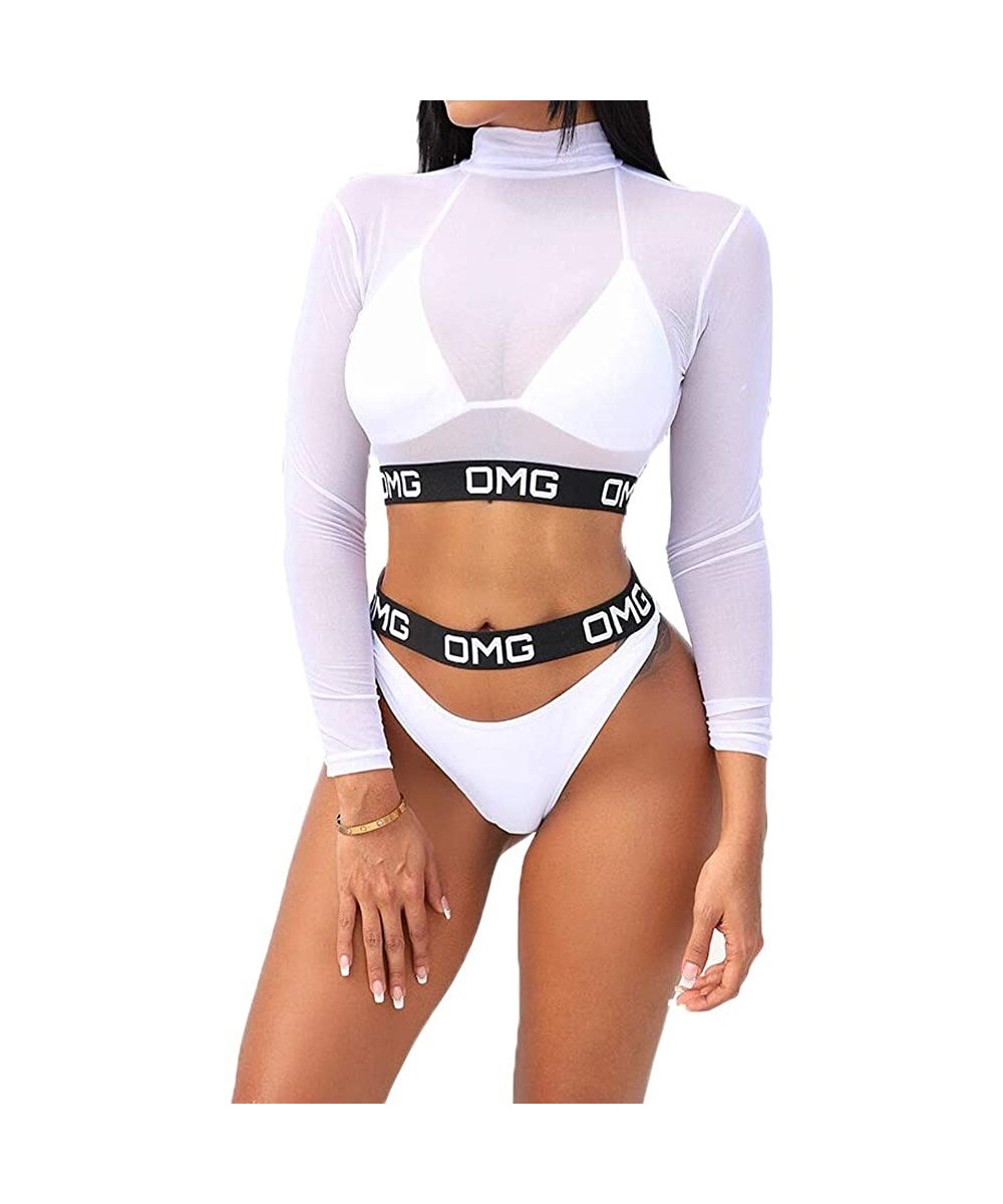 Sets Sexy Women 3 Piece Halter Bikini Set with Perspective Cover Up Tops Thong Bottom Swimsuit Bathing Suit - White - C018NL4...