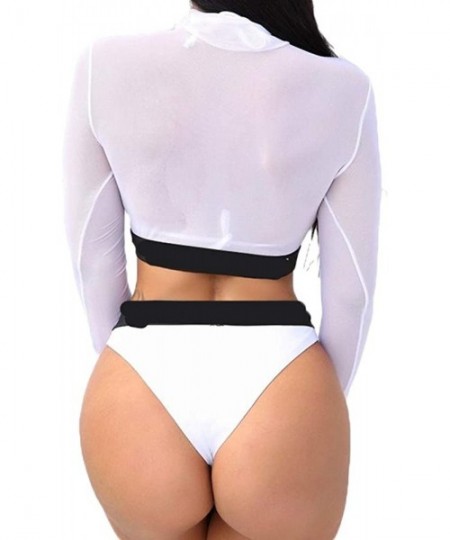 Sets Sexy Women 3 Piece Halter Bikini Set with Perspective Cover Up Tops Thong Bottom Swimsuit Bathing Suit - White - C018NL4...