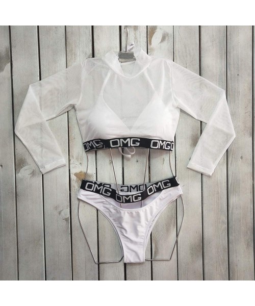 Sets Sexy Women 3 Piece Halter Bikini Set with Perspective Cover Up Tops Thong Bottom Swimsuit Bathing Suit - White - C018NL4...