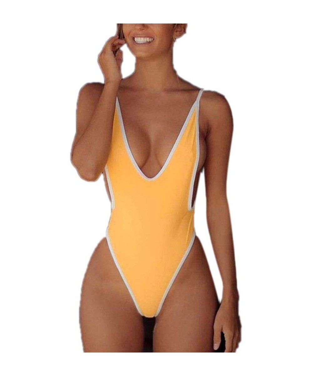 One-Pieces Swimsuits for Women Sexy Deep V One Piece Bathing Suits Backless Cheeky Swimwear Semi Thong Bikini - Yellow - C519...