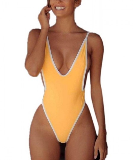 One-Pieces Swimsuits for Women Sexy Deep V One Piece Bathing Suits Backless Cheeky Swimwear Semi Thong Bikini - Yellow - C519...