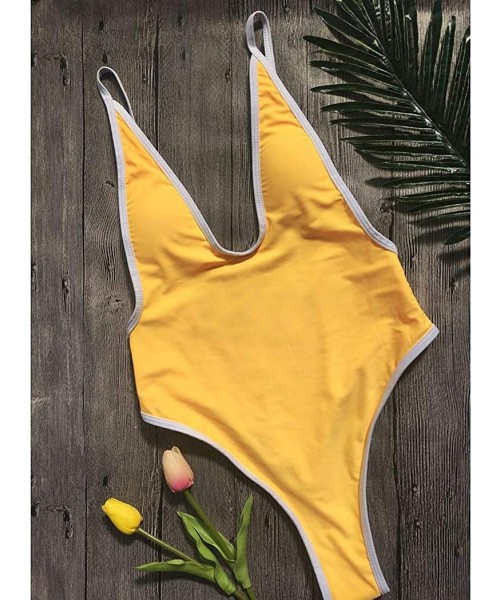 One-Pieces Swimsuits for Women Sexy Deep V One Piece Bathing Suits Backless Cheeky Swimwear Semi Thong Bikini - Yellow - C519...