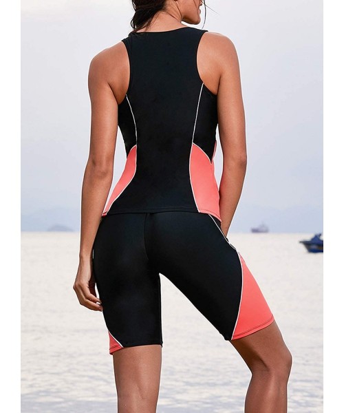 Tankinis Women Zipper Color Block Racerback Tankini Swimsuit with Swim Capris - Black - C318N6TTTWI