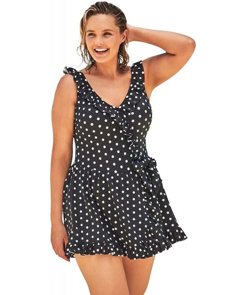 One-Pieces Women's Plus Size Faux-Wrap Swim Dress Swimsuit - Black Dots (1054) - CY195SDN50M