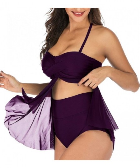 Sets Women's Two Pieces Swimsuit High Waisted Swim Bottoms Halter Tankini - Purple - CC1966DZMXM