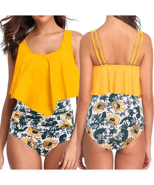 Racing Swimsuits for Women Two Piece Bathing Suits Flounce Swimwear Top High Waisted Bottom Bikini Set - I - Yellow - CC19587...