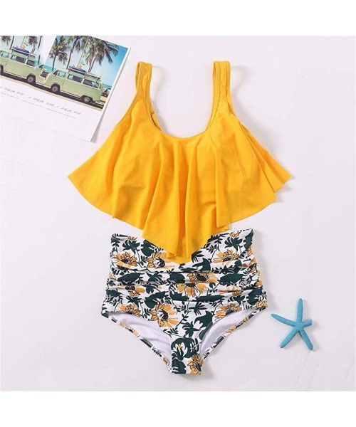 Racing Swimsuits for Women Two Piece Bathing Suits Flounce Swimwear Top High Waisted Bottom Bikini Set - I - Yellow - CC19587...