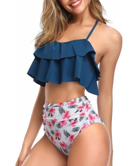 Sets Women Two Piece Ruffle Halter Swimsuit Backless High Waisted Bikini Set - Blue Floral-1 - CC18XL2ET7S