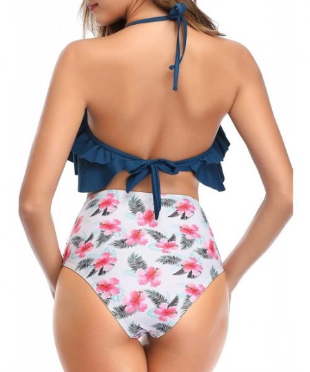 Sets Women Two Piece Ruffle Halter Swimsuit Backless High Waisted Bikini Set - Blue Floral-1 - CC18XL2ET7S