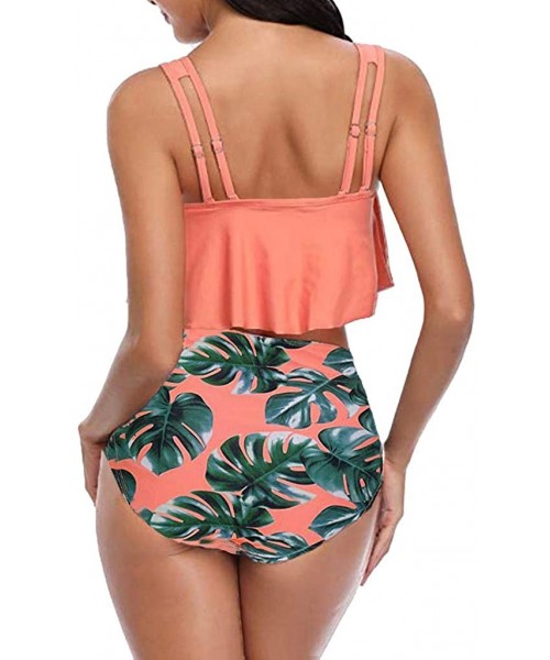 Sets Women Two Piece Plus Size Sexy Backless Halter Dot Printed Swimwear Set - Orange - CQ18S8MDMD4