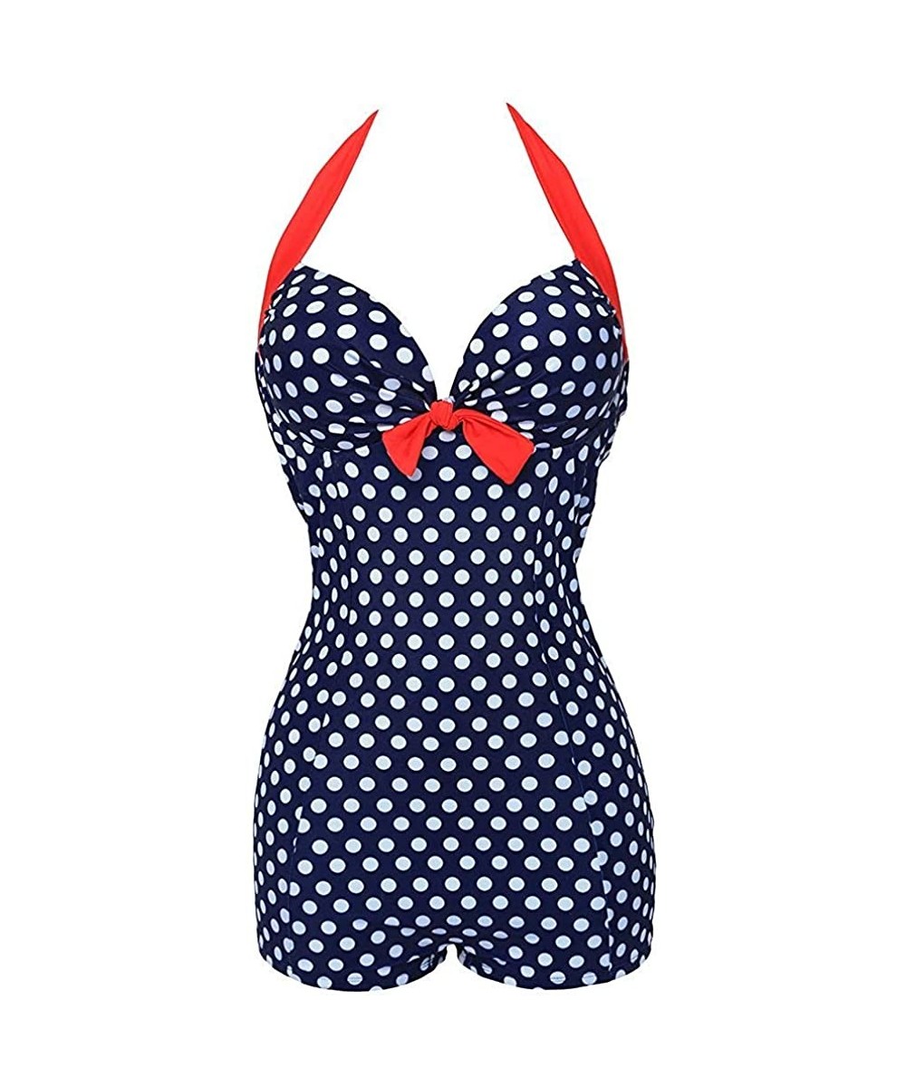 One-Pieces Retro Halter Boy-Leg Bow Chest One Piece Swimsuit Push up Monokinis - Navy and White Polka - C918R0IUHD8