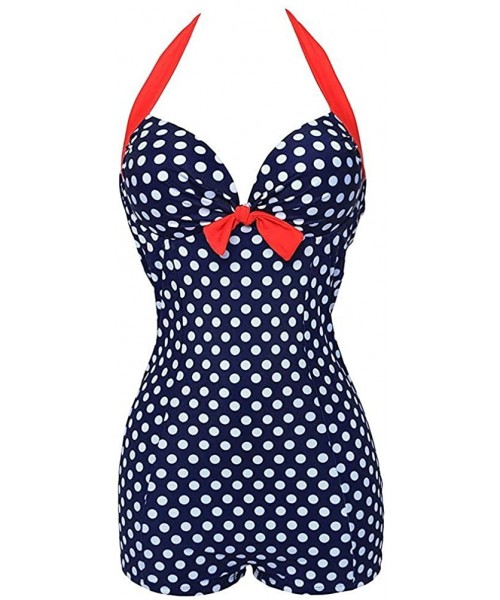 One-Pieces Retro Halter Boy-Leg Bow Chest One Piece Swimsuit Push up Monokinis - Navy and White Polka - C918R0IUHD8