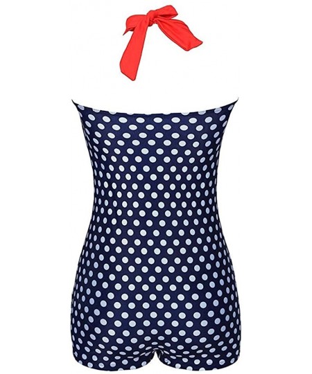 One-Pieces Retro Halter Boy-Leg Bow Chest One Piece Swimsuit Push up Monokinis - Navy and White Polka - C918R0IUHD8