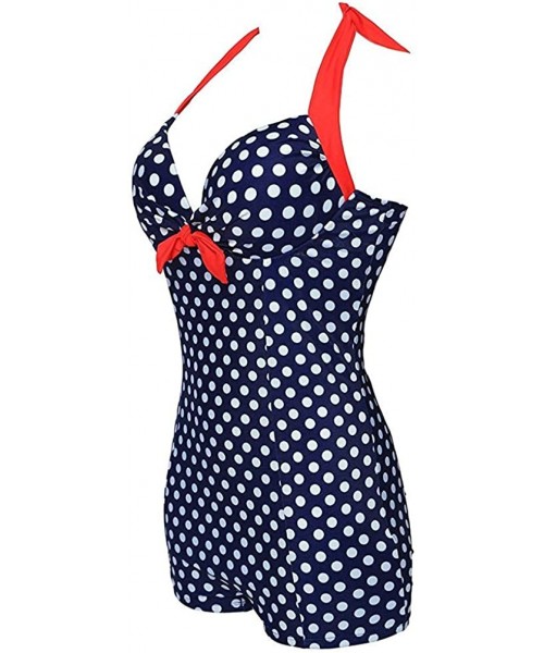 One-Pieces Retro Halter Boy-Leg Bow Chest One Piece Swimsuit Push up Monokinis - Navy and White Polka - C918R0IUHD8