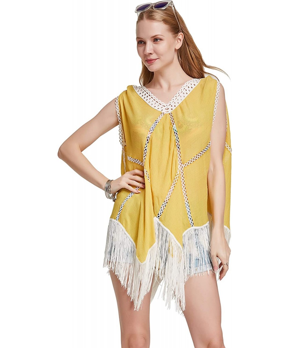 Cover-Ups Women Beach Dress Tassels Swimsuit Stitching Bikini Swimwear Cover Up - Pure Yellow - C518YEQ9YCR