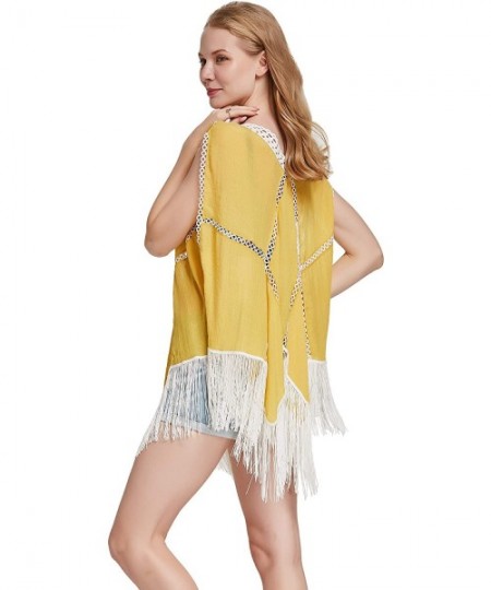 Cover-Ups Women Beach Dress Tassels Swimsuit Stitching Bikini Swimwear Cover Up - Pure Yellow - C518YEQ9YCR