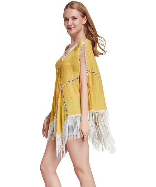 Cover-Ups Women Beach Dress Tassels Swimsuit Stitching Bikini Swimwear Cover Up - Pure Yellow - C518YEQ9YCR