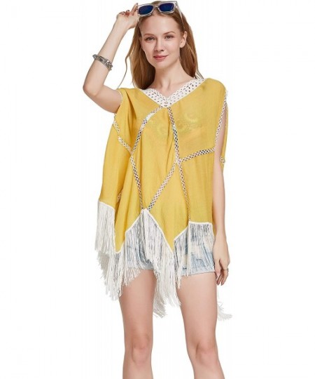 Cover-Ups Women Beach Dress Tassels Swimsuit Stitching Bikini Swimwear Cover Up - Pure Yellow - C518YEQ9YCR