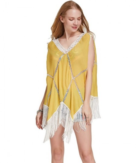 Cover-Ups Women Beach Dress Tassels Swimsuit Stitching Bikini Swimwear Cover Up - Pure Yellow - C518YEQ9YCR