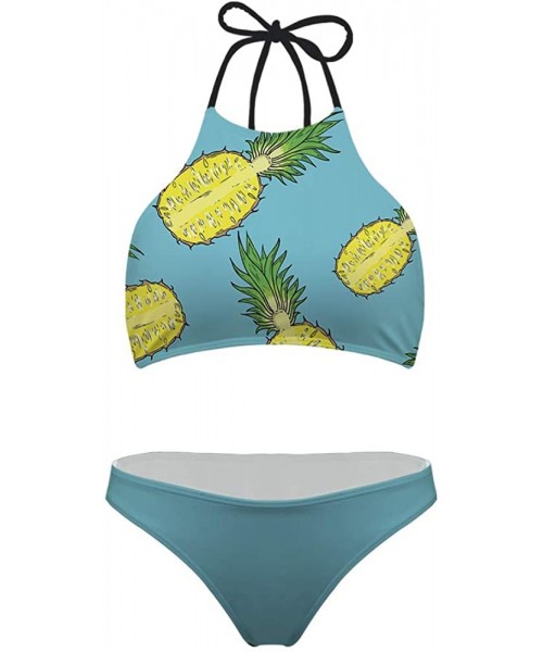 Sets Women Tropical Leaf 3D Print Tie Halter Padding Bikini 2 Piece Swimsuit - Teal Pineapple - 2021 - CU18QCWMXTQ