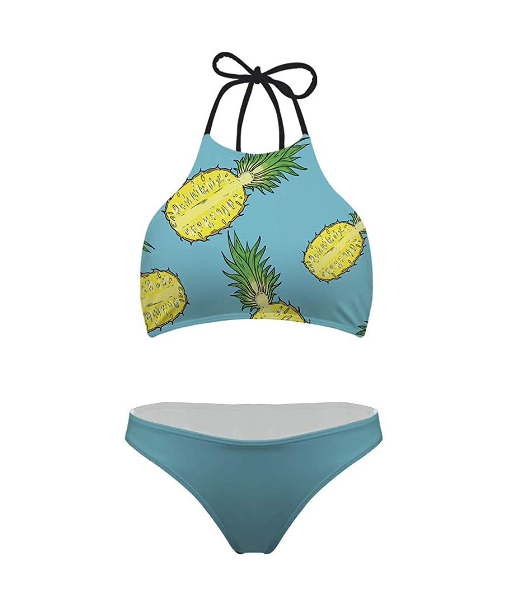 Sets Women Tropical Leaf 3D Print Tie Halter Padding Bikini 2 Piece Swimsuit - Teal Pineapple - 2021 - CU18QCWMXTQ