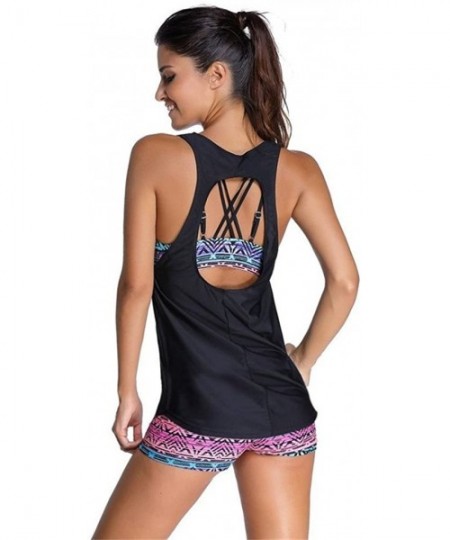 Tankinis Women's&Ladies&Girl's Summer Line Up 3 Piece Tankini Swimsuits with Bodysuit - Tribal Print Rosy + Black - CU18EITGHHK