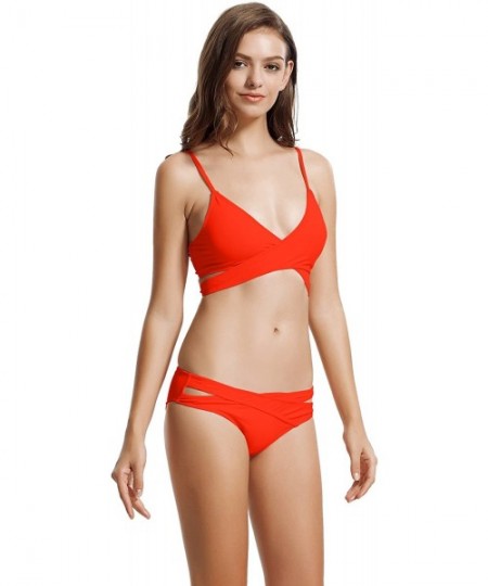 Sets Women's Sexy Cutout Bottoms Wrap Bikini Bathing Suits - Coral Blaze - CQ183RDD90G