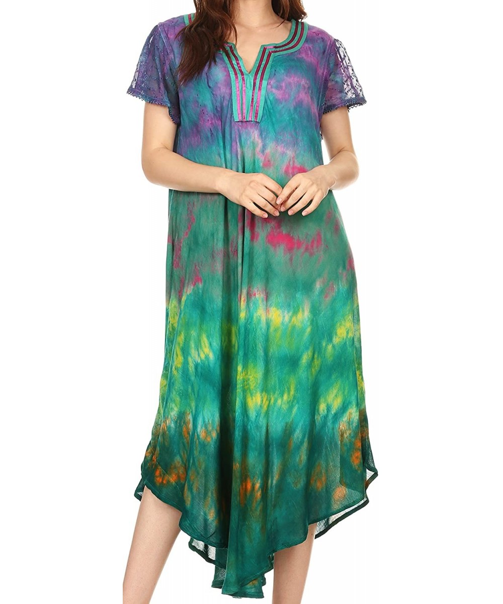 Cover-Ups Anita Short Sleeve Tie Dye Split Neck Dress/Cover Up - Fuchsia / Turq - C21828230O8